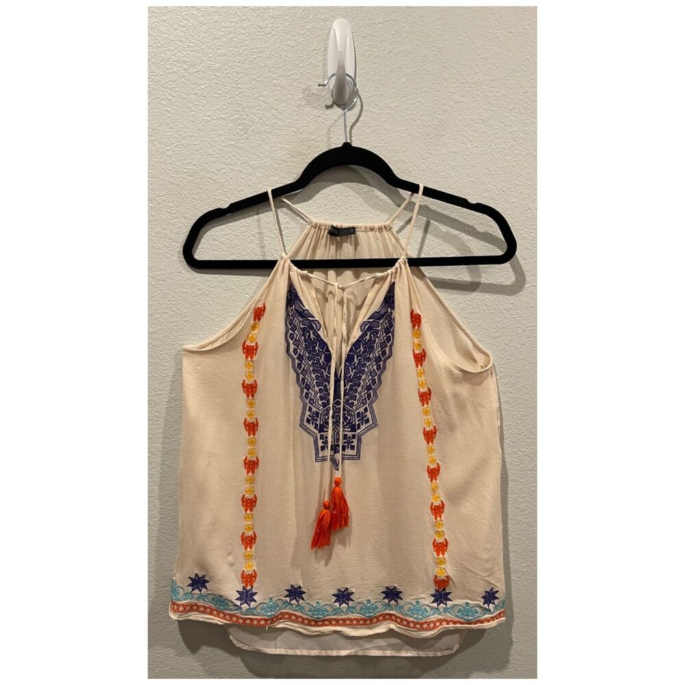 THML Cream Embroidered Multicolor Tassel Halter Blouse